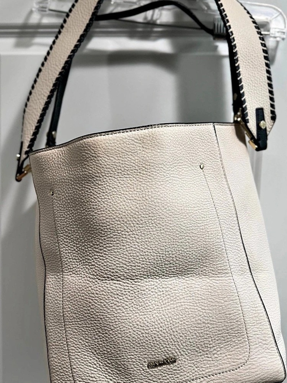 Calvin Klein Cream Pebbled Hobo Shoulder Bag Wide Strap Gold Hardware